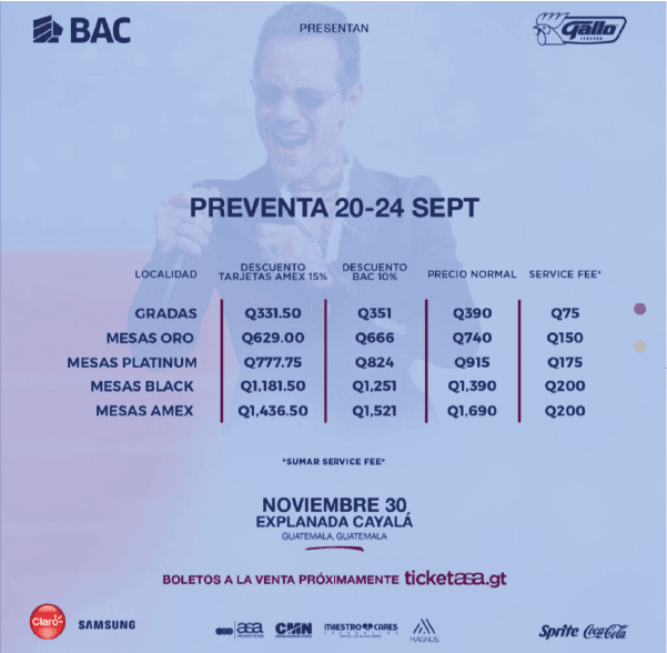 marc anthony guatemala precios